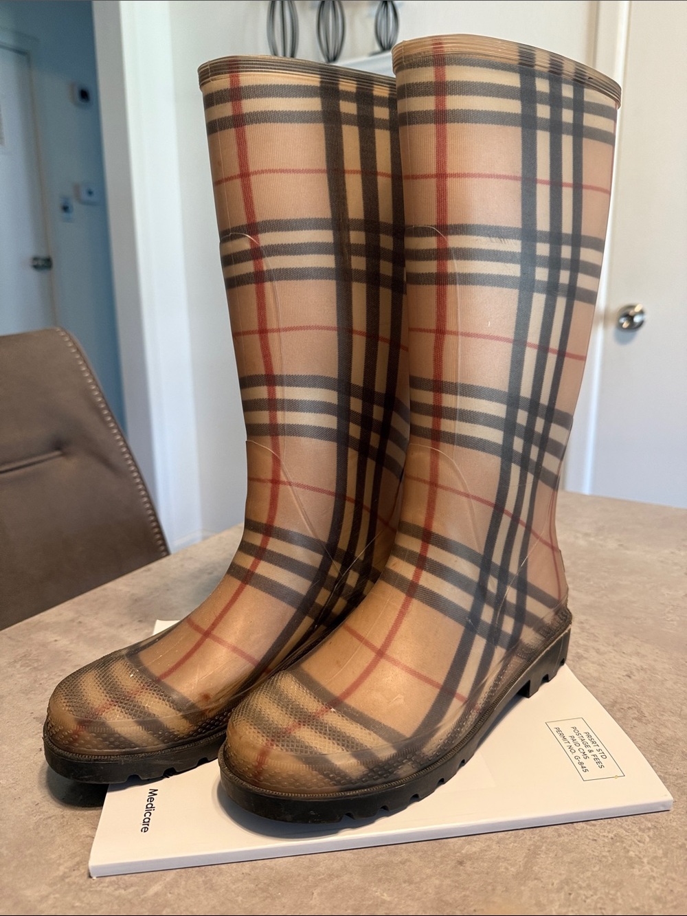 Burberry Beige Plaid Men's Rain Boots with Black & Red Accents
